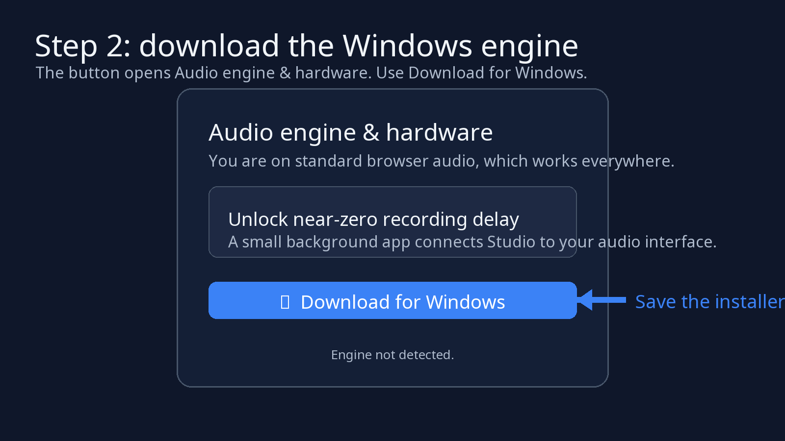 Audio engine and hardware window with Download for Windows highlighted