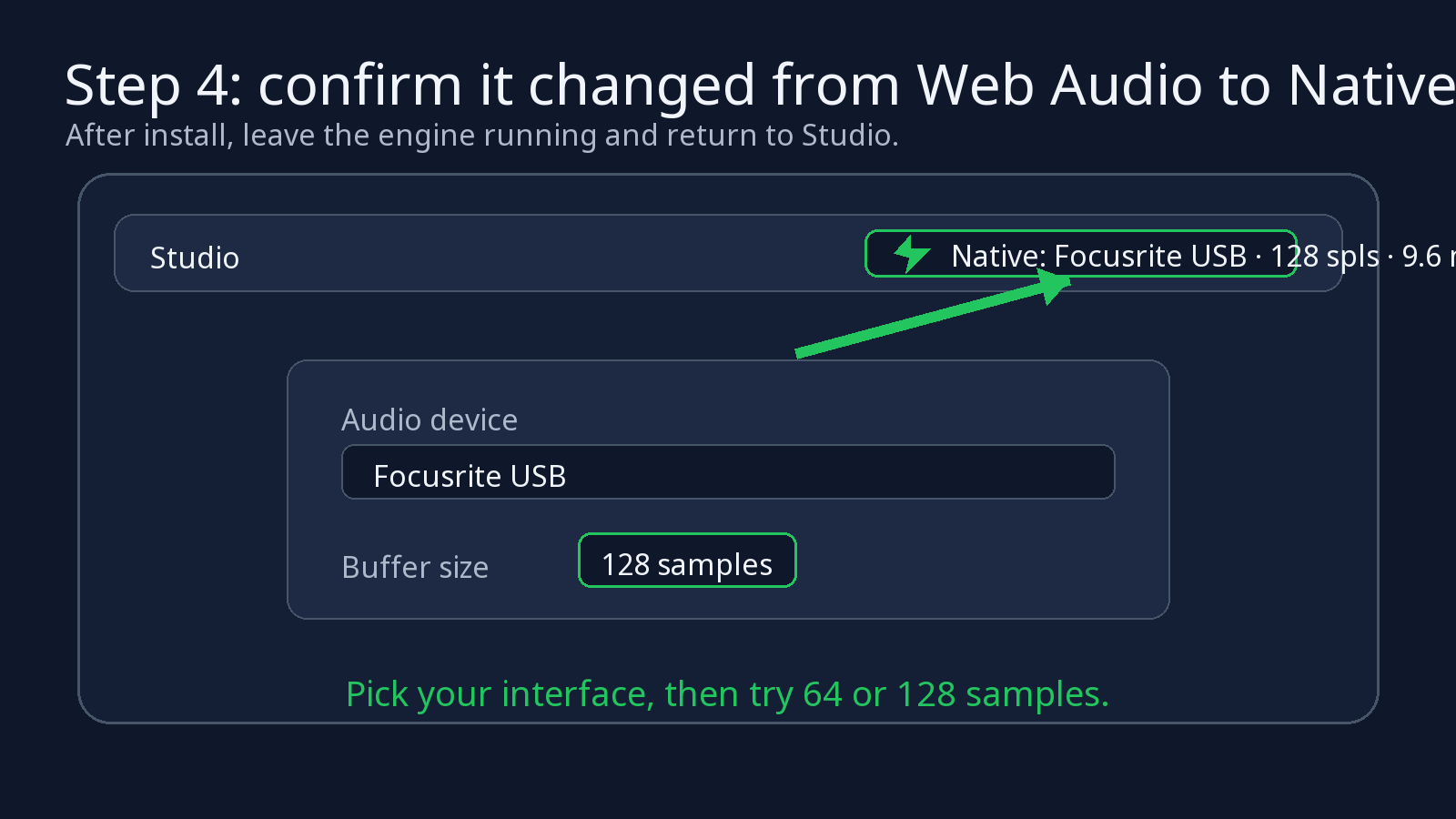 Studio screen showing the Native audio badge with device, buffer size, and latency