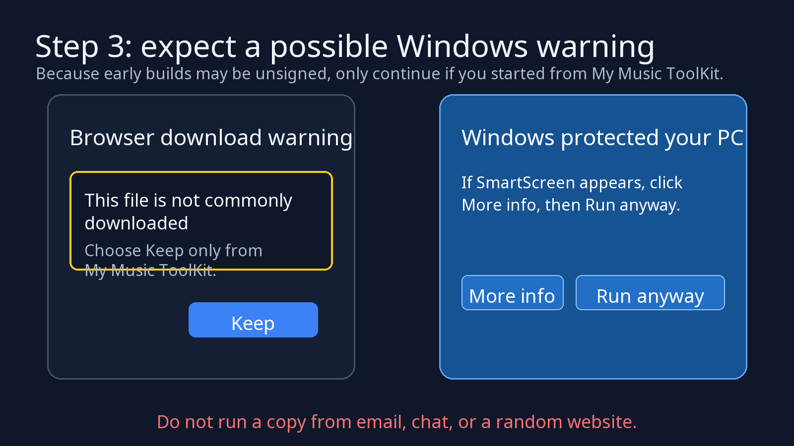 Browser and Windows SmartScreen warning examples with Keep, More info, and Run anyway buttons