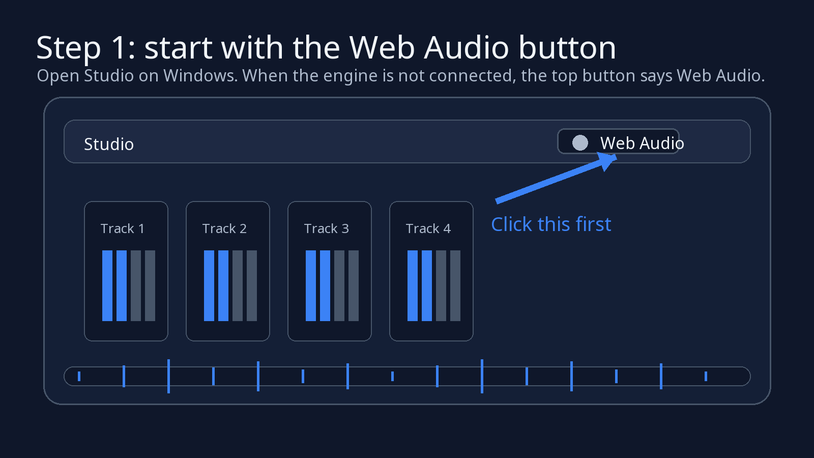 Studio screen with an arrow pointing to the Web Audio button in the top bar